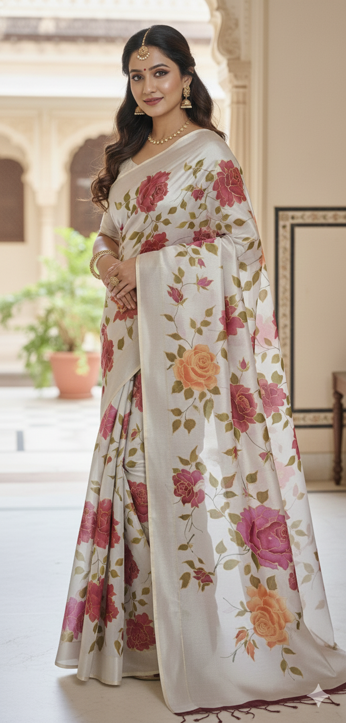 Hand-Painted Floral Silk Saree