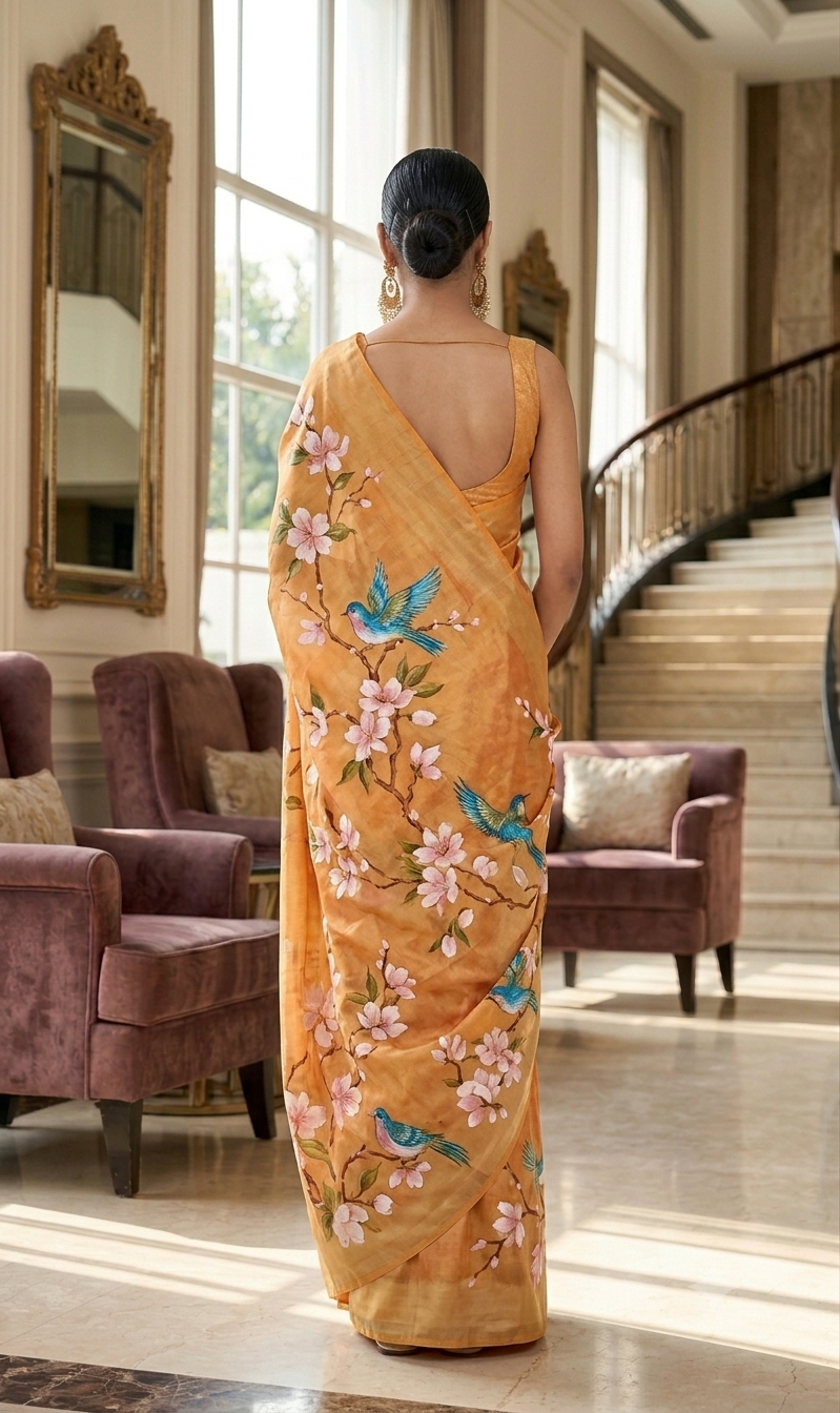 Hand-Painted Peach Blossom & Bluebird Silk Saree