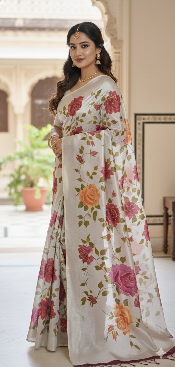 Hand-Painted Floral Silk Saree