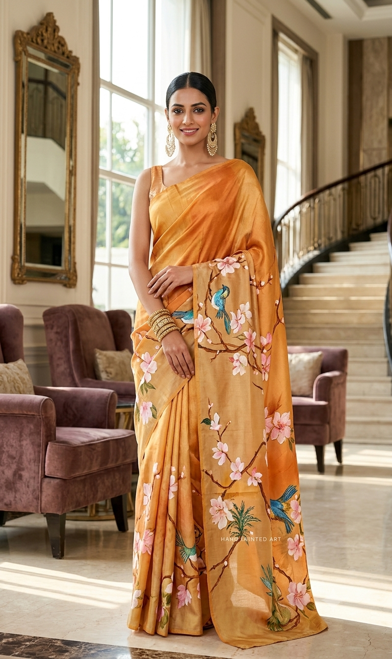 Hand-Painted Peach Blossom & Bluebird Silk Saree