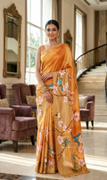 Hand-Painted Peach Blossom & Bluebird Silk Saree