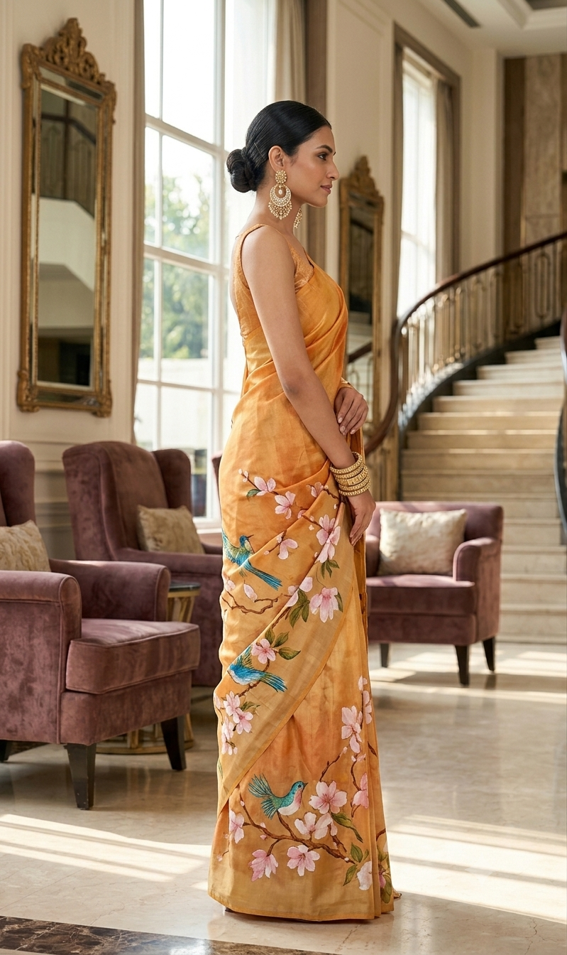 Hand-Painted Peach Blossom & Bluebird Silk Saree