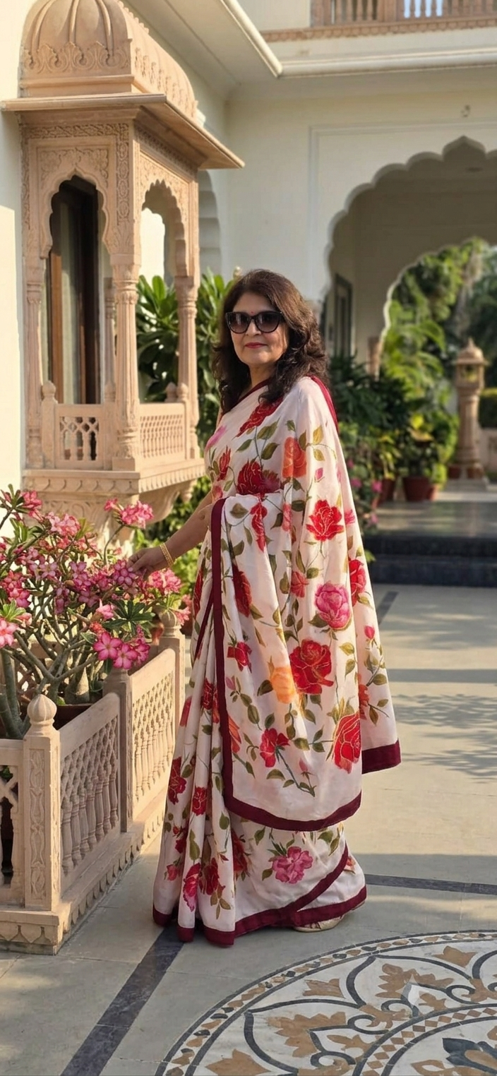 Crimson & Amber Rose Hand-Painted Pure Silk Saree in Soft Ivory