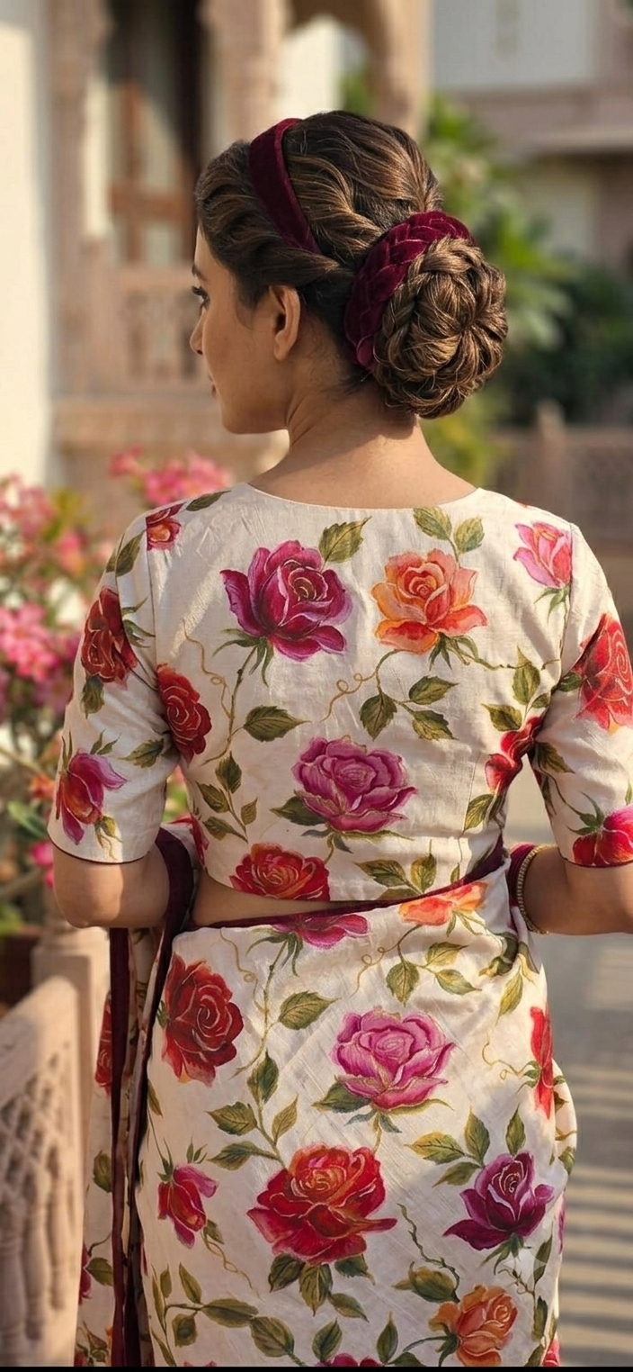 Crimson & Amber Rose Hand-Painted Pure Silk Saree in Soft Ivory