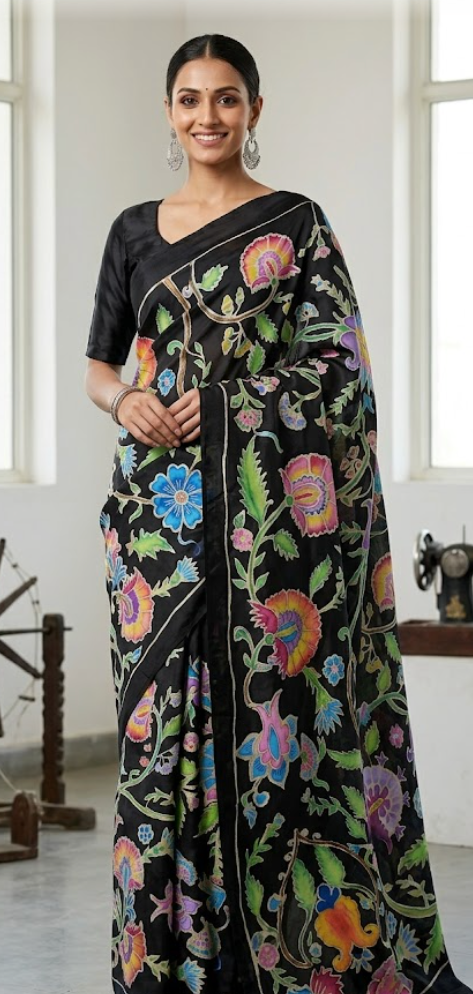Hand-Painted satin silk Black Silk Saree with Vibrant Floral Vines