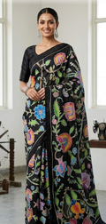 Hand-Painted satin silk Black Silk Saree with Vibrant Floral Vines