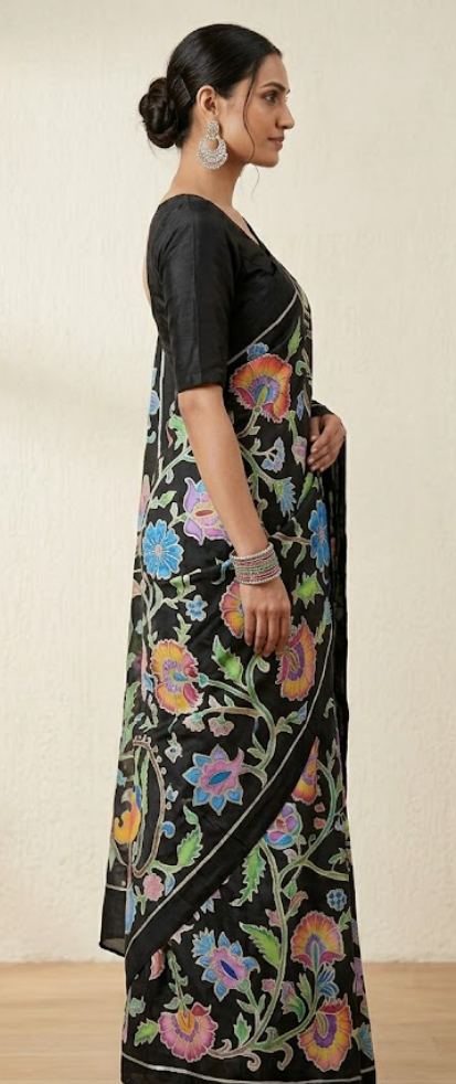 Hand-Painted satin silk Black Silk Saree with Vibrant Floral Vines