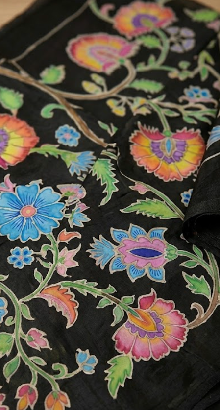 Hand-Painted satin silk Black Silk Saree with Vibrant Floral Vines