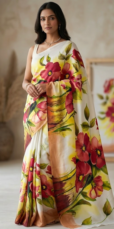Crimson Blossom Hand-Painted Pure Silk Saree in Ivory and Sunlit Gold - Available on order