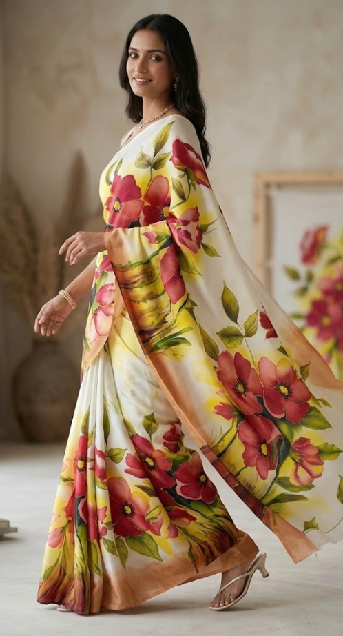 Crimson Blossom Hand-Painted Pure Silk Saree in Ivory and Sunlit Gold - Available on order