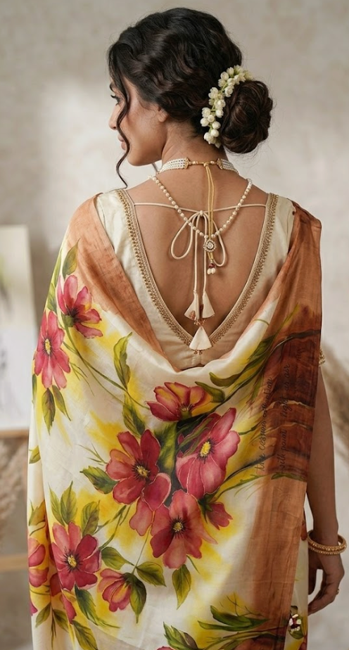 Crimson Blossom Hand-Painted Pure Silk Saree in Ivory and Sunlit Gold - Available on order