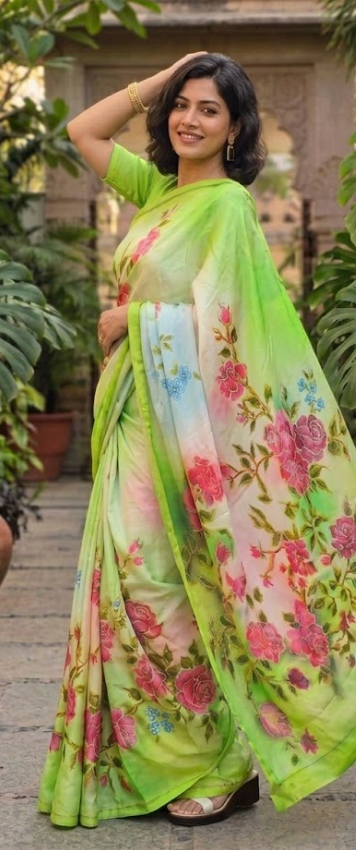 Hand-Painted Moss Green satin silk Saree with Blush Pink Roses
