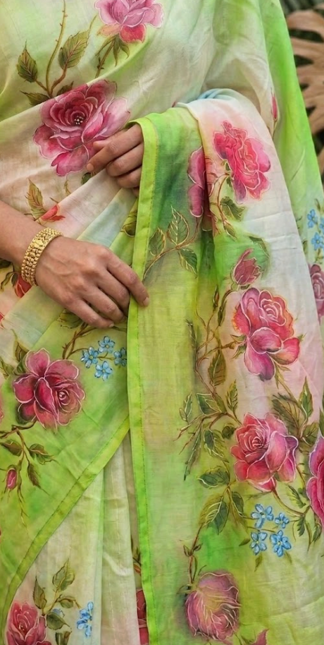 Hand-Painted Moss Green satin silk Saree with Blush Pink Roses