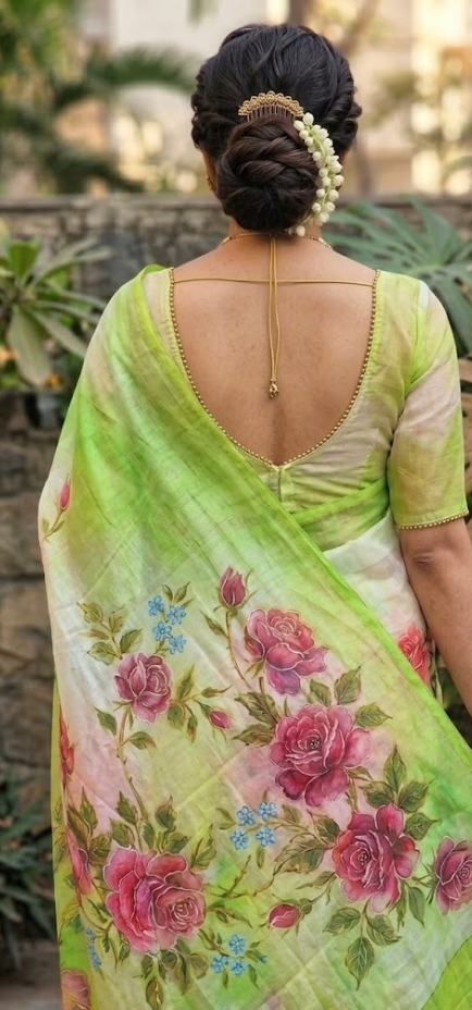 Hand-Painted Moss Green satin silk Saree with Blush Pink Roses