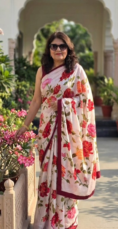 Crimson & Amber Rose Hand-Painted Pure Silk Saree in Soft Ivory