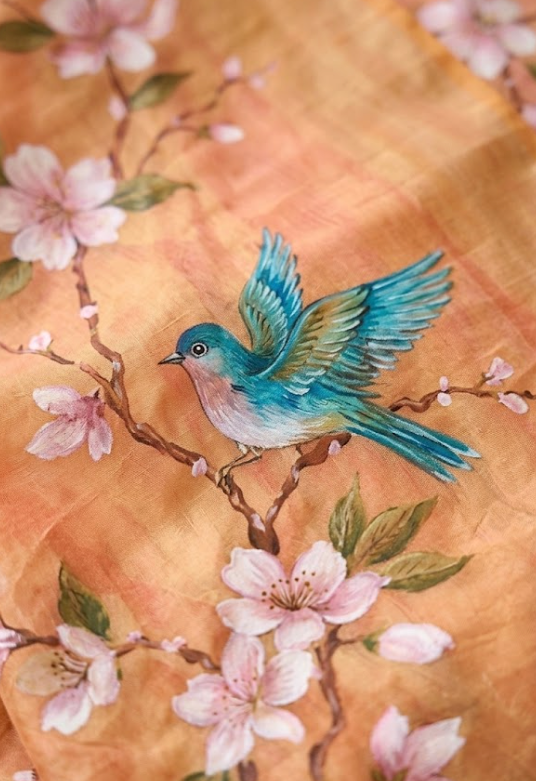 Hand-Painted Peach Blossom & Bluebird Silk Saree