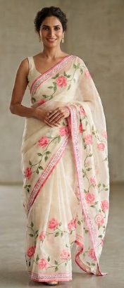 Hand-Painted Pink Rose Silk Saree