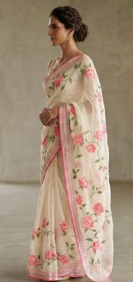 Hand-Painted Pink Rose Silk Saree