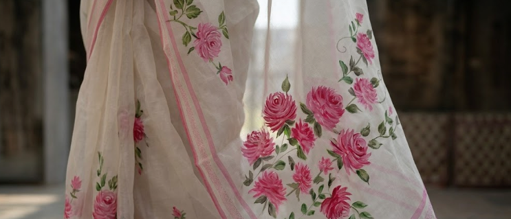 Hand-Painted Pink Rose Silk Saree