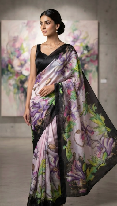 The Lavender Whisper: Hand-Painted Silk Saree with Gold Zari Embellishment