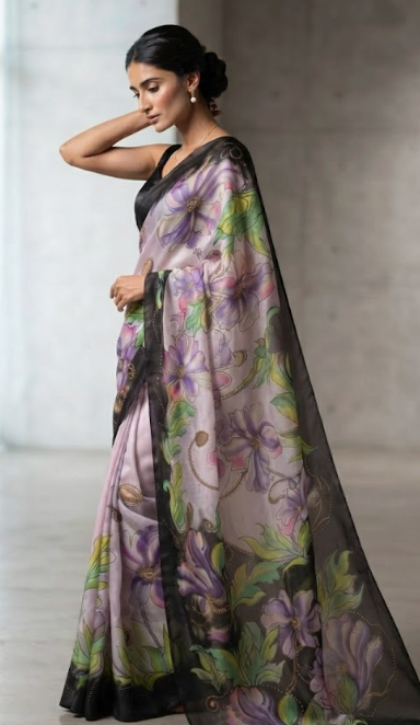 The Lavender Whisper: Hand-Painted Silk Saree with Gold Zari Embellishment