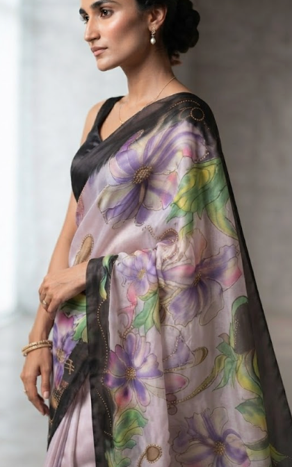 The Lavender Whisper: Hand-Painted Silk Saree with Gold Zari Embellishment