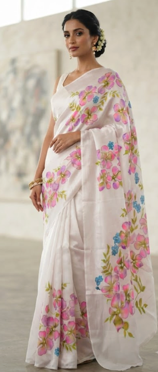 The Ethereal Bloom: Hand-Painted Satin Silk Saree
