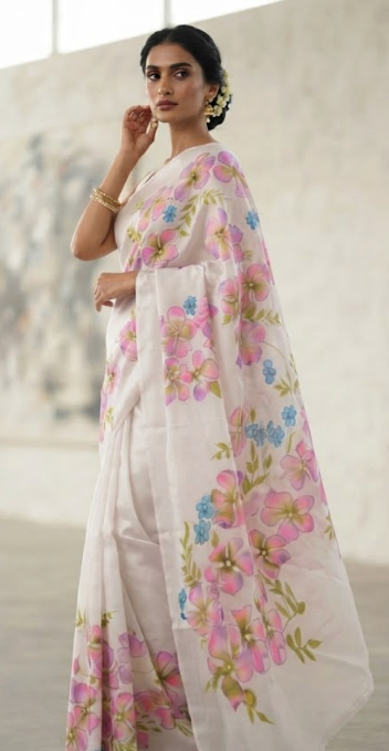 The Ethereal Bloom: Hand-Painted Satin Silk Saree