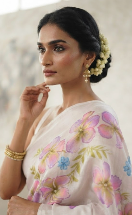 The Ethereal Bloom: Hand-Painted Satin Silk Saree