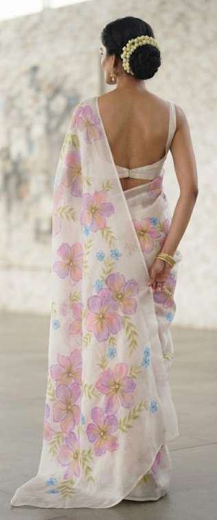 The Ethereal Bloom: Hand-Painted Satin Silk Saree