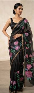 The Midnight Rose: Hand-Painted satin silk Saree