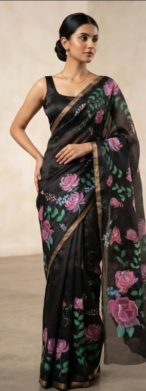 The Midnight Rose: Hand-Painted satin silk Saree