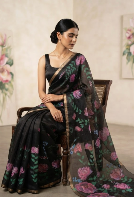 The Midnight Rose: Hand-Painted satin silk Saree