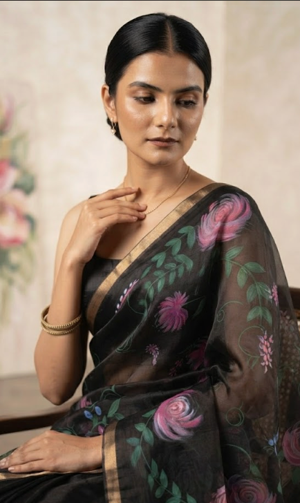The Midnight Rose: Hand-Painted satin silk Saree