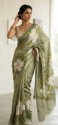 Ethereal Bloom: Hand-Painted Olive Green Linen Blend Silk Saree