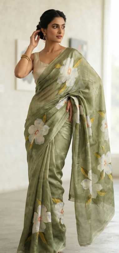 Ethereal Bloom: Hand-Painted Olive Green Linen Blend Silk Saree