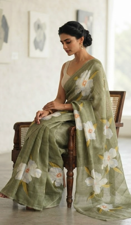 Ethereal Bloom: Hand-Painted Olive Green Linen Blend Silk Saree