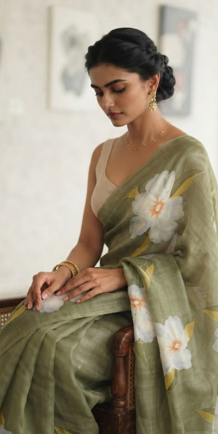 Ethereal Bloom: Hand-Painted Olive Green Linen Blend Silk Saree