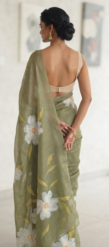 Ethereal Bloom: Hand-Painted Olive Green Linen Blend Silk Saree