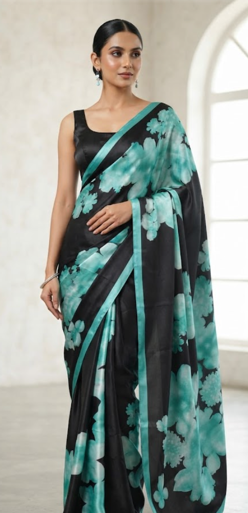 Midnight Bloom: Satin Silk Saree with Teal Dandelion Print