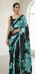 Midnight Bloom: Satin Silk Saree with Teal Dandelion Print