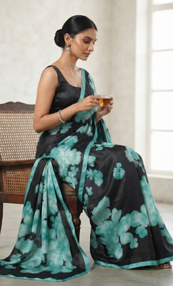 Midnight Bloom: Satin Silk Saree with Teal Dandelion Print
