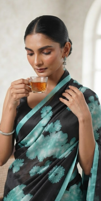 Midnight Bloom: Satin Silk Saree with Teal Dandelion Print