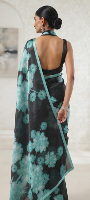Midnight Bloom: Satin Silk Saree with Teal Dandelion Print