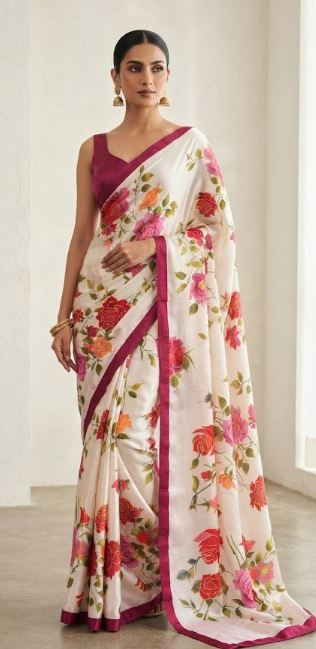 Ethereal Bloom: Satin Silk Saree with Hand-Painted Floral Art