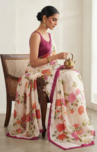 Ethereal Bloom: Satin Silk Saree with Hand-Painted Floral Art