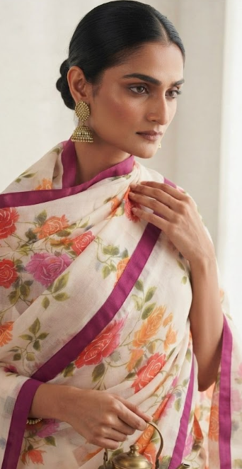 Ethereal Bloom: Satin Silk Saree with Hand-Painted Floral Art