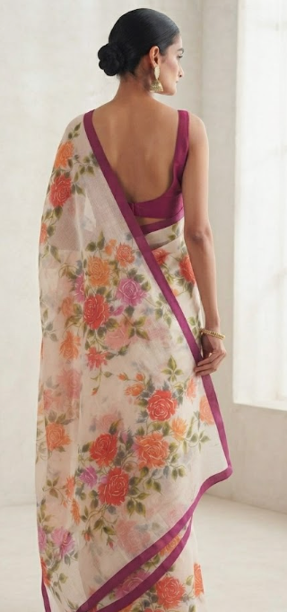 Ethereal Bloom: Satin Silk Saree with Hand-Painted Floral Art