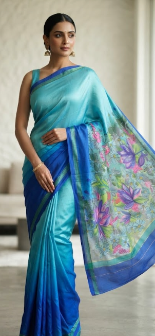 Azure Bloom: Hand-Painted Linen Saree with Floral Art