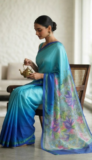 Azure Bloom: Hand-Painted Linen Saree with Floral Art